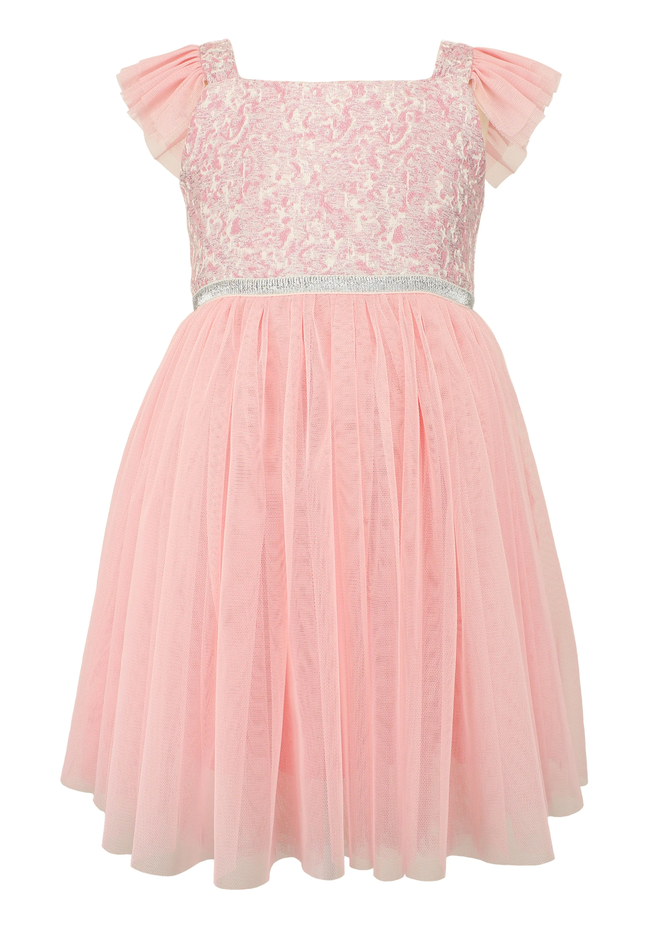 Little Girls Pink Brocade Flutter Sleeve Dress