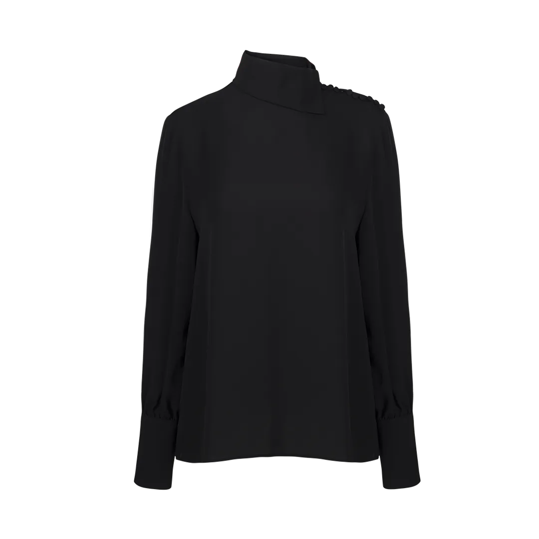 Long Sleeve Mock Neck Black Silk Shirt