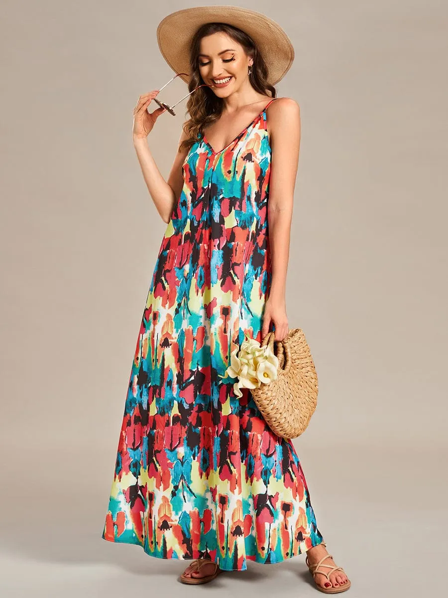 Loose Spaghetti Strap A-Line Summer Beach Vacation Maxi Dress