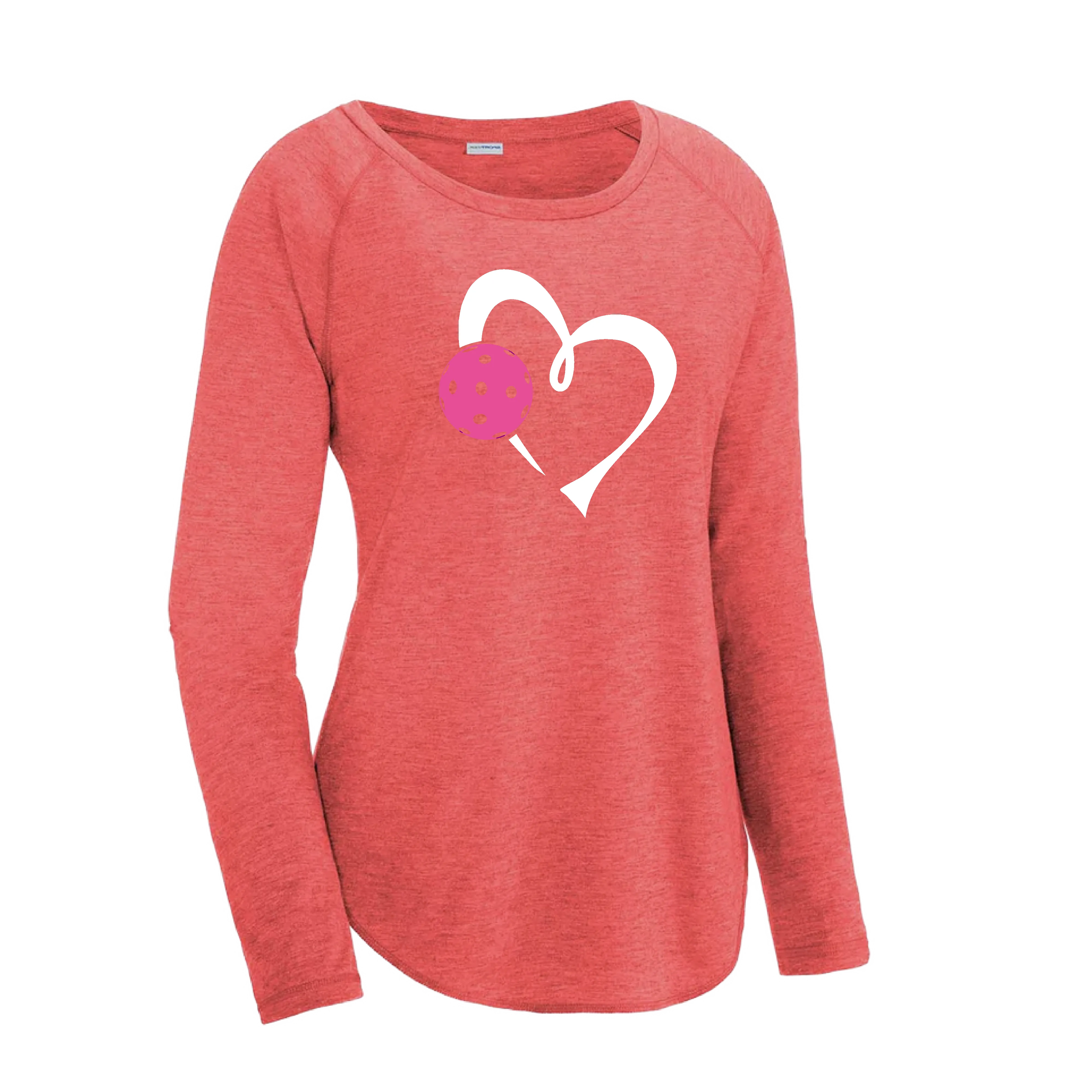 Love Pickleball Heart (Pink) | Women's Long Sleeve Scoop Neck Pickleball Shirts | 75/13/12 poly/cotton/rayon