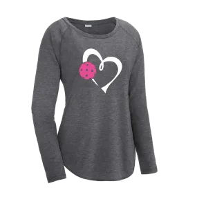 Love Pickleball Heart (Pink) | Women's Long Sleeve Scoop Neck Pickleball Shirts | 75/13/12 poly/cotton/rayon