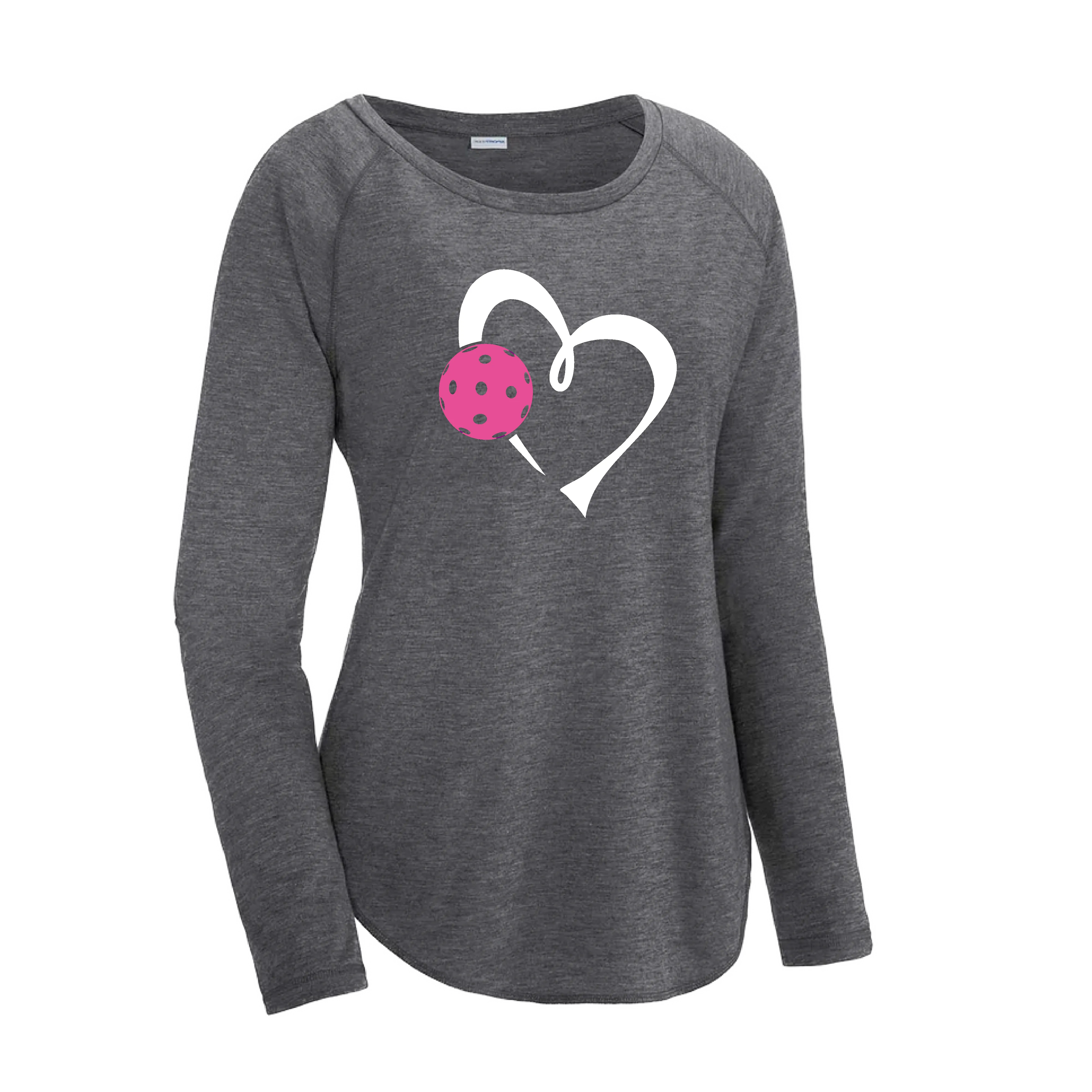 Love Pickleball Heart (Pink) | Women's Long Sleeve Scoop Neck Pickleball Shirts | 75/13/12 poly/cotton/rayon