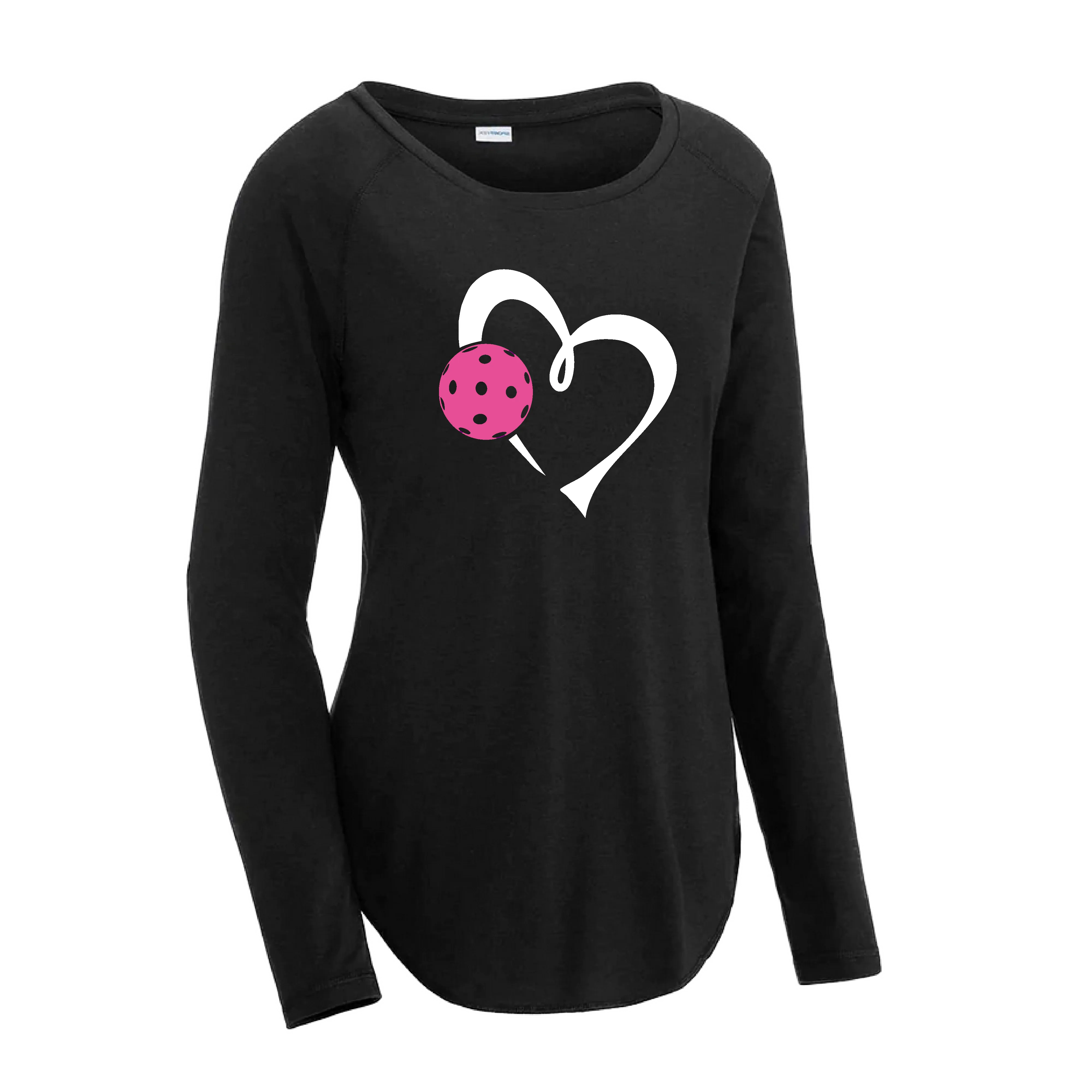 Love Pickleball Heart (Pink) | Women's Long Sleeve Scoop Neck Pickleball Shirts | 75/13/12 poly/cotton/rayon