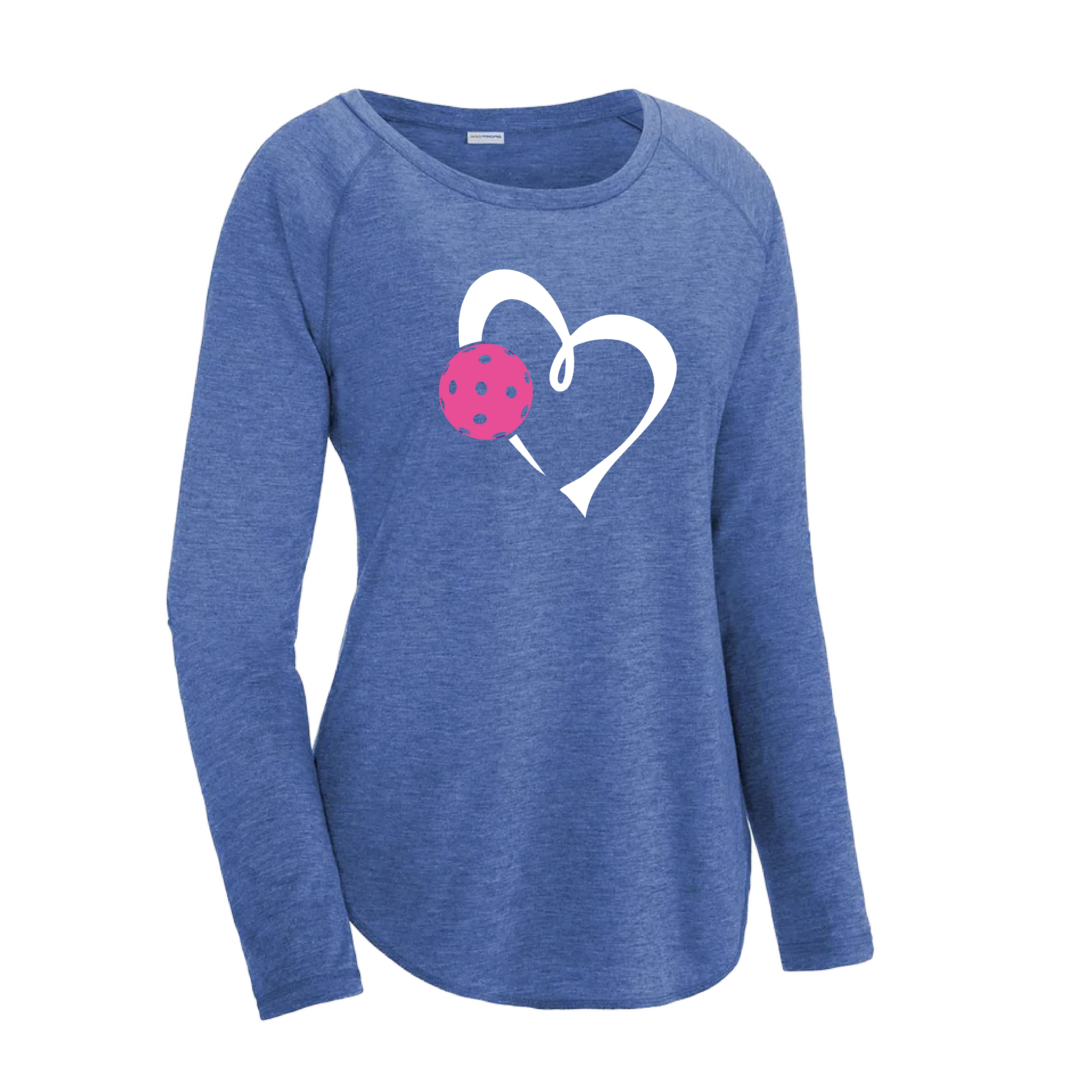 Love Pickleball Heart (Pink) | Women's Long Sleeve Scoop Neck Pickleball Shirts | 75/13/12 poly/cotton/rayon