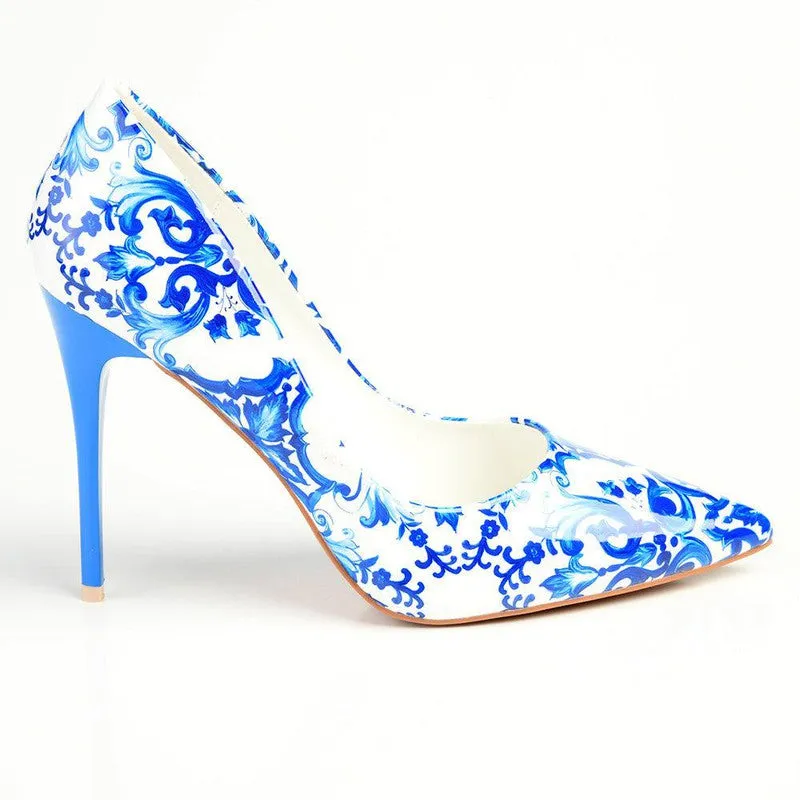 Madison Pandora Printed PU High Stilletto Court - White/Blue