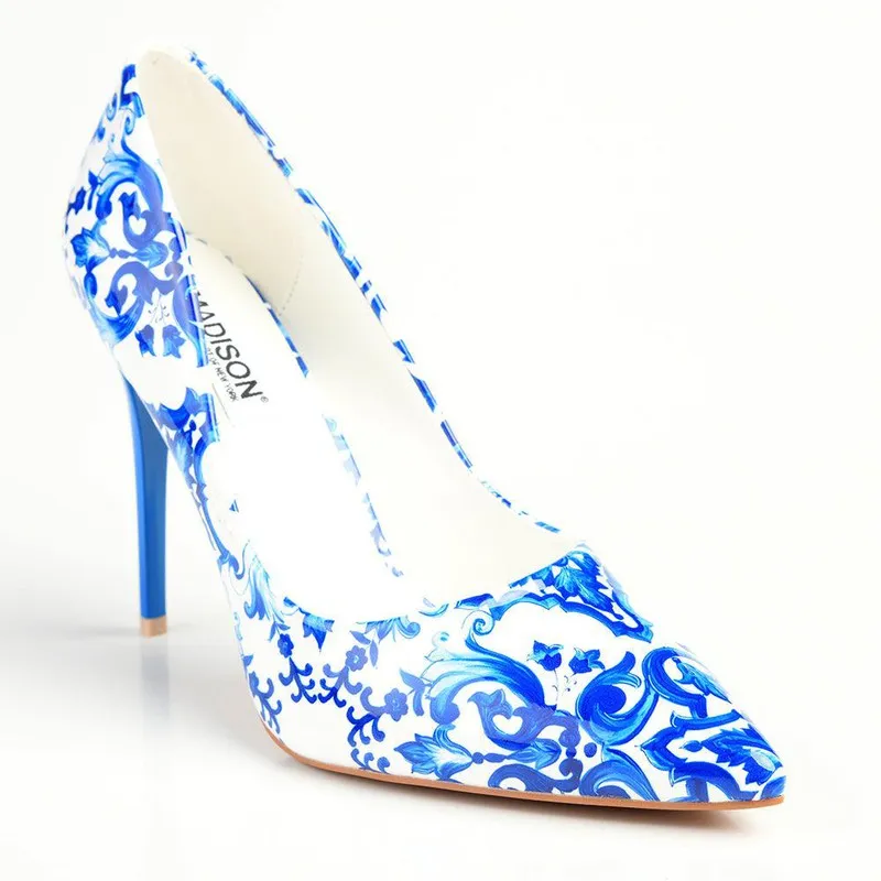 Madison Pandora Printed PU High Stilletto Court - White/Blue