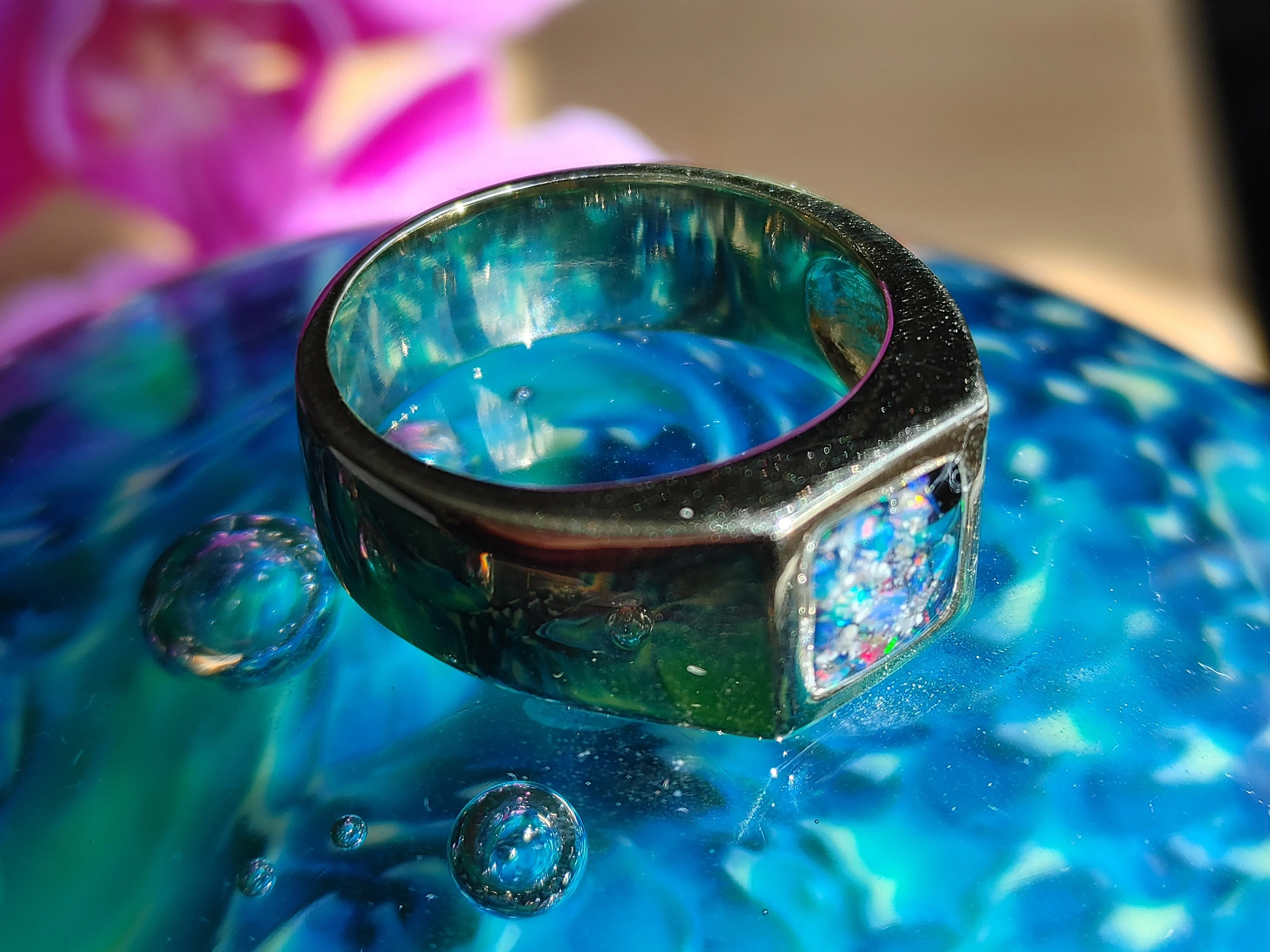 Men's Cremation Ring with Crushed Opal and Cremation Ash