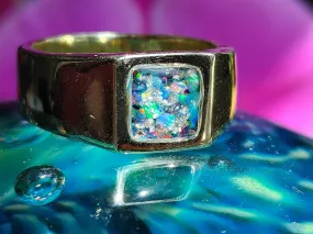 Men's Cremation Ring with Crushed Opal and Cremation Ash