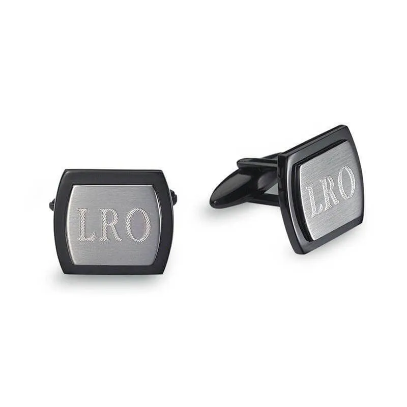 Men's Engravable Curved Cuff Links in Stainless Steel and Black IP (3 Initials) of Trendolla