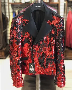 Men's Fashion Jacket -  Biker Jacket - Sequin Red/Black