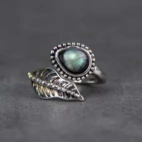 Moonstone Leaf Bypass Ring Adjustable