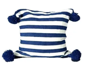 Moroccan Pom Pom Pillow Cover - White and Dark Blue Stripes