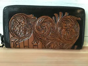 Myra Bag Black & Tan Tooled Zip Around Wallet