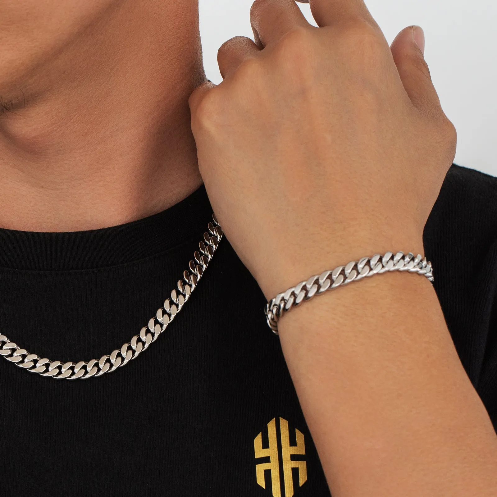 【NEW】8mm Miami Cuban Link Curb Chain and Bracelets Set with Hook Buckle Clasp in White Gold