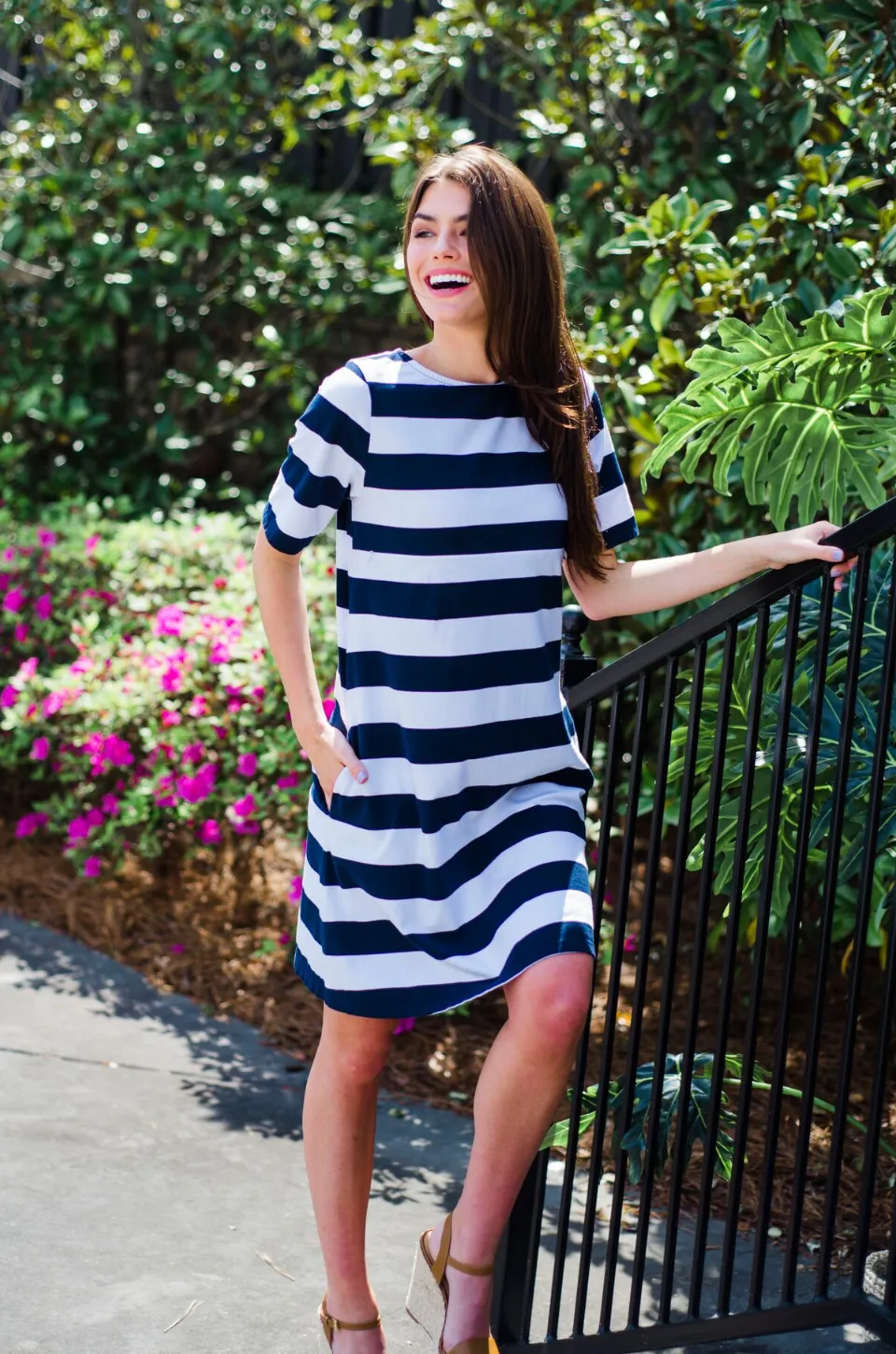 Nursing Dress With Pockets- Hidden Zipper - WIDE Stripe - Navy/White