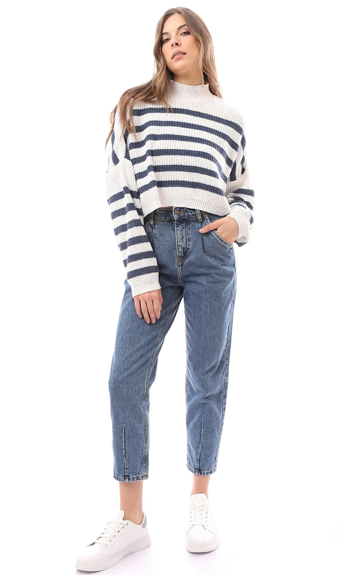 O169841 Chunky Knit With Stripes Navy Blue & Off-White Pullover