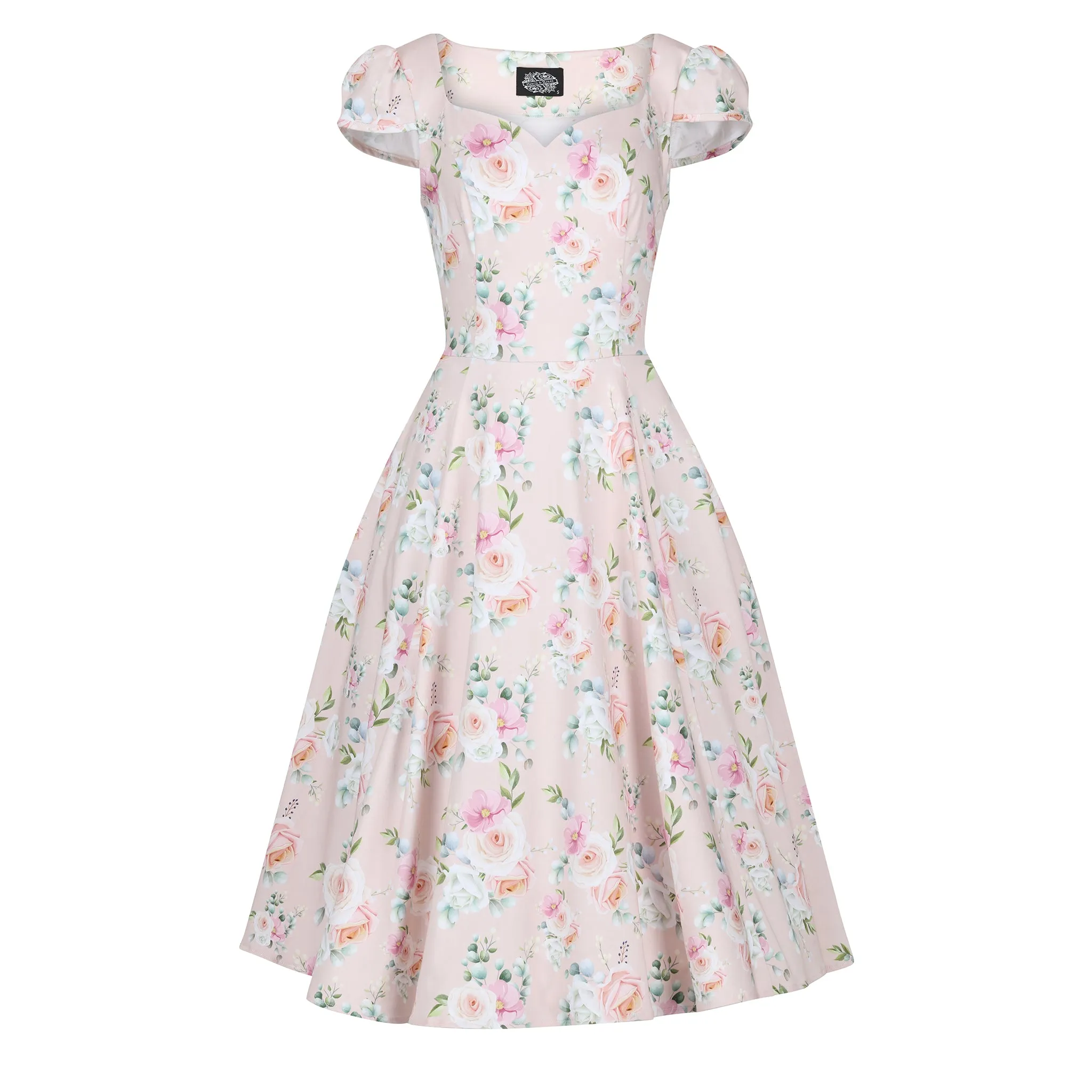 Pale Pink and Floral Print Rockabilly 50s Swing Dress