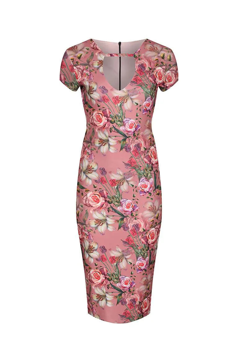 Pale Pink Floral Print Capped Sleeve Wiggle Pencil Dress