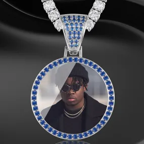 Personalize Blue Crystal Photo Medallion Necklace- Blue Crystal AAA  CZ Diamond Medallion Necklace