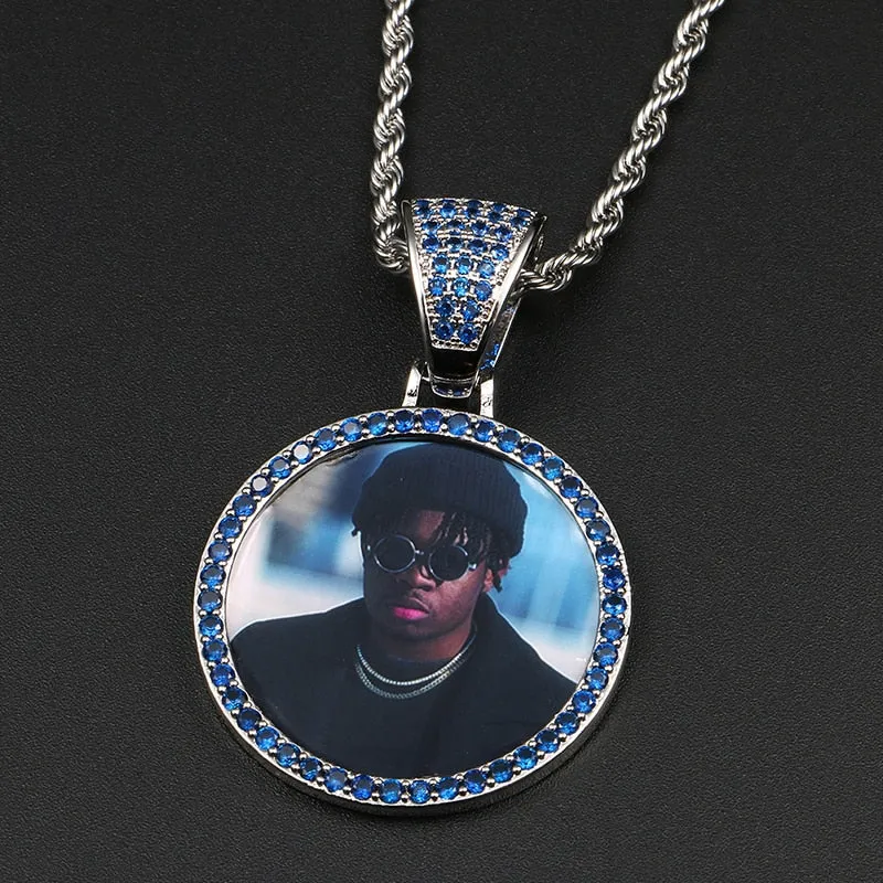 Personalize Blue Crystal Photo Medallion Necklace- Blue Crystal AAA  CZ Diamond Medallion Necklace