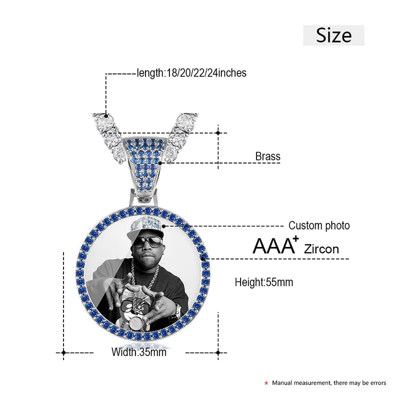 Personalize Blue Crystal Photo Medallion Necklace- Blue Crystal AAA  CZ Diamond Medallion Necklace