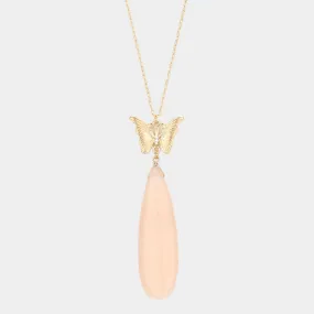 Pink Butterfly Natural Stone Teardrop Link Pendant Long Necklace