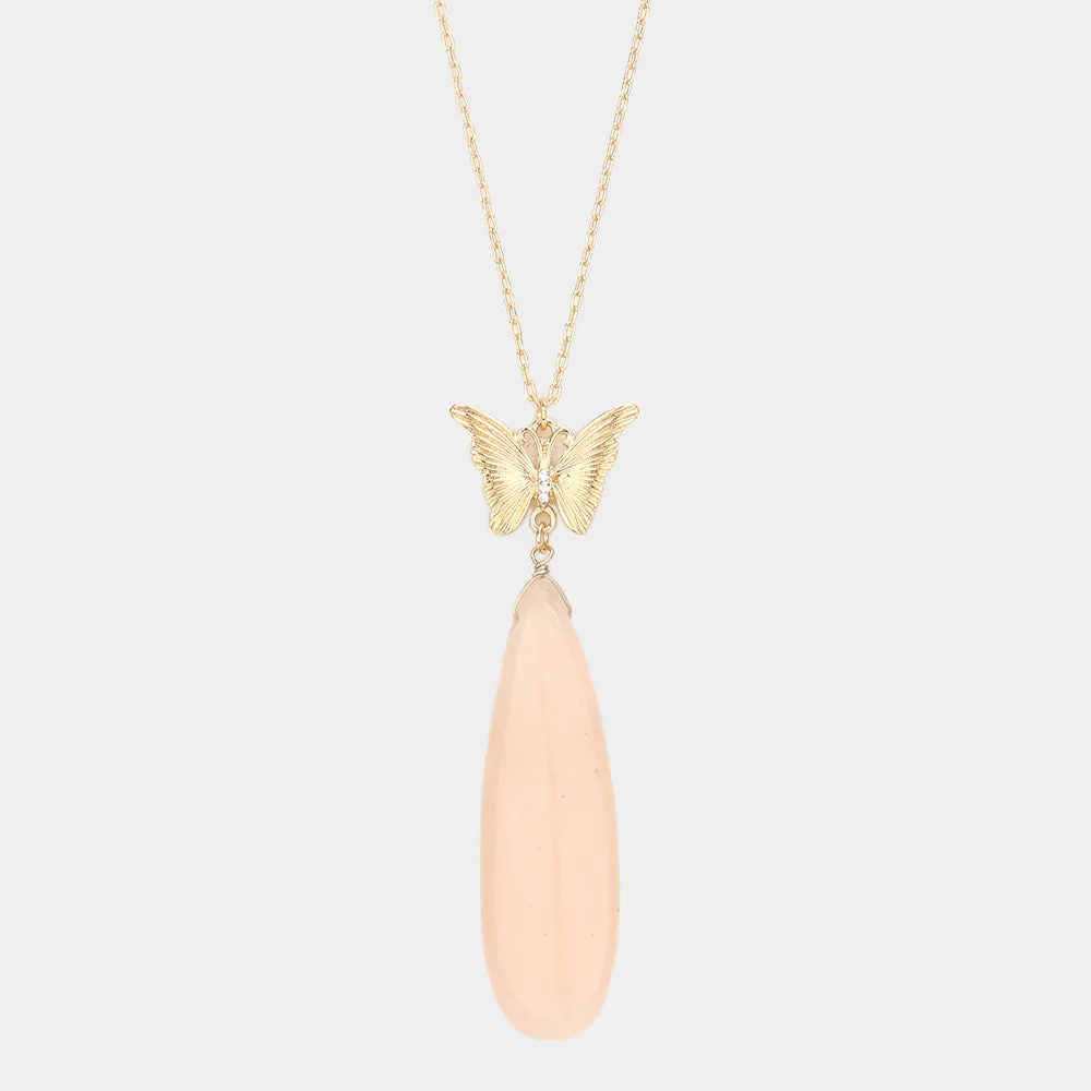 Pink Butterfly Natural Stone Teardrop Link Pendant Long Necklace