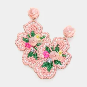 Pink Seed Beaded Flower Cross Dangle Earrings-M H W ACCESSORIES