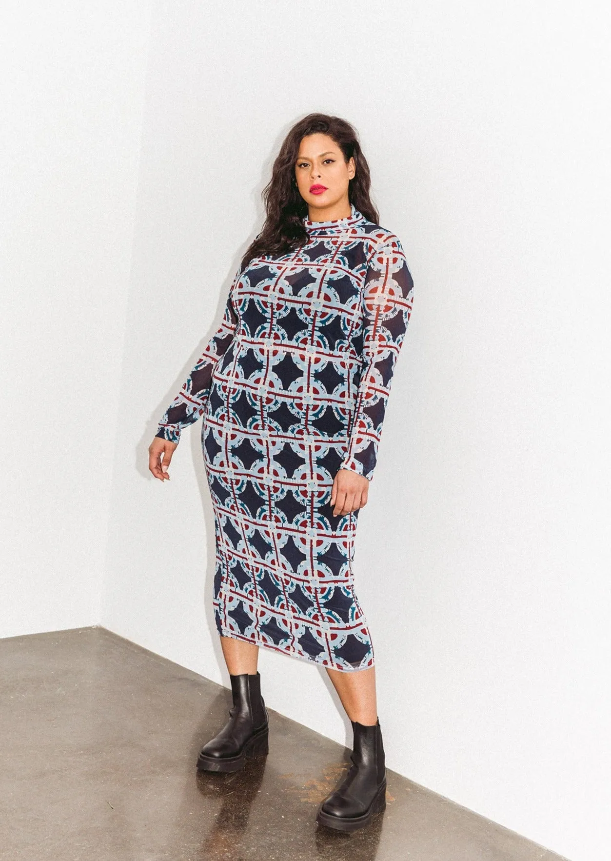 Printed Mesh Turtleneck Dress