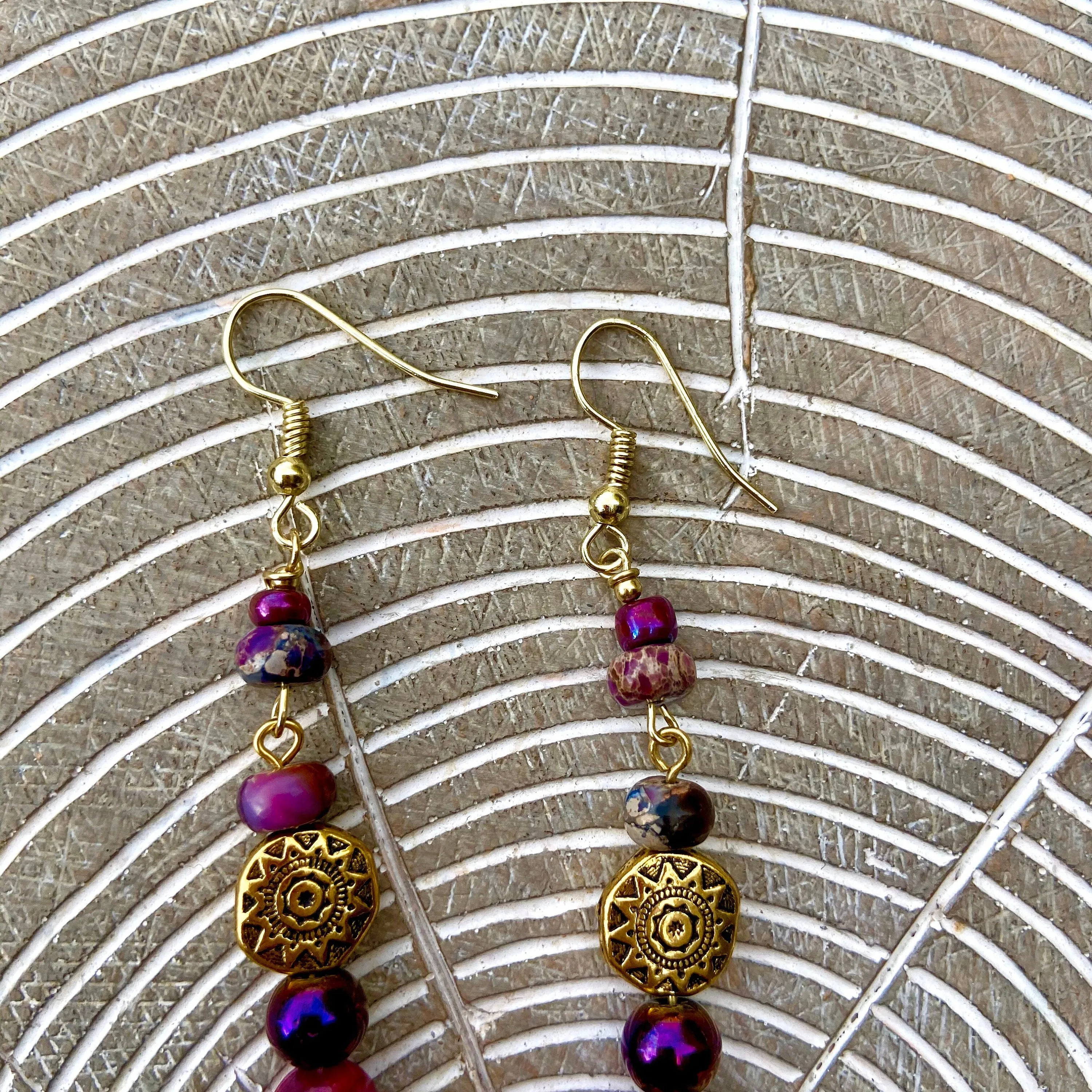 Purple and Pink Agate Beaded Earrings with Gold  Leaf Dangle Earrings,  Glass Agate Beaded Earrings, Dangle Stone Earrings, Agate Boho Earrings