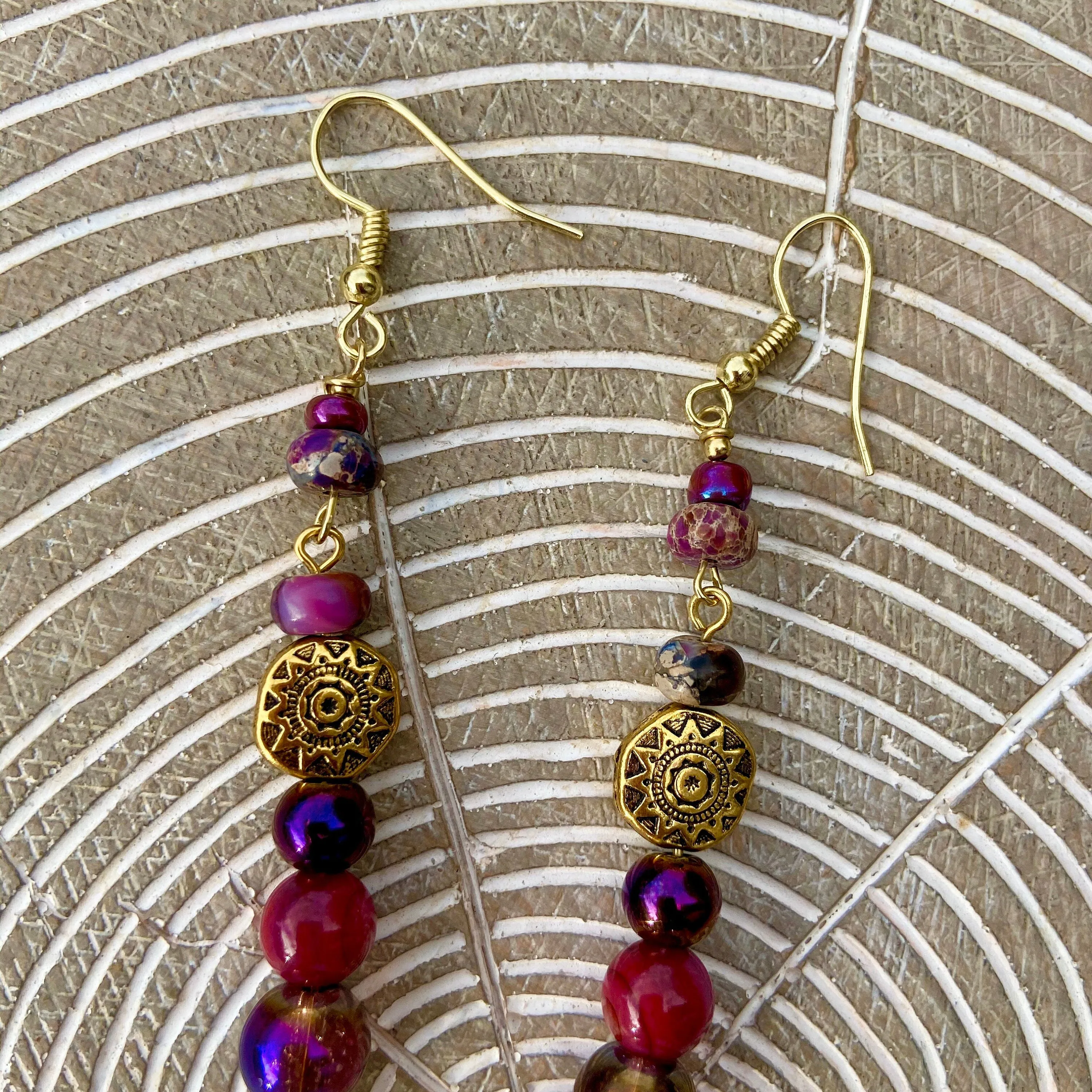 Purple and Pink Agate Beaded Earrings with Gold  Leaf Dangle Earrings,  Glass Agate Beaded Earrings, Dangle Stone Earrings, Agate Boho Earrings