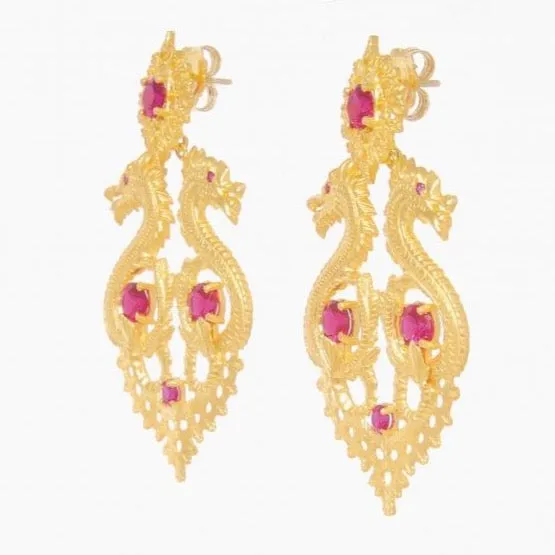 Queen Dragon Statement Earrings in Gold Plated .925 Silver   Ruby Crystal - By Ana Moura