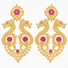 Queen Dragon Statement Earrings in Gold Plated .925 Silver   Ruby Crystal - By Ana Moura