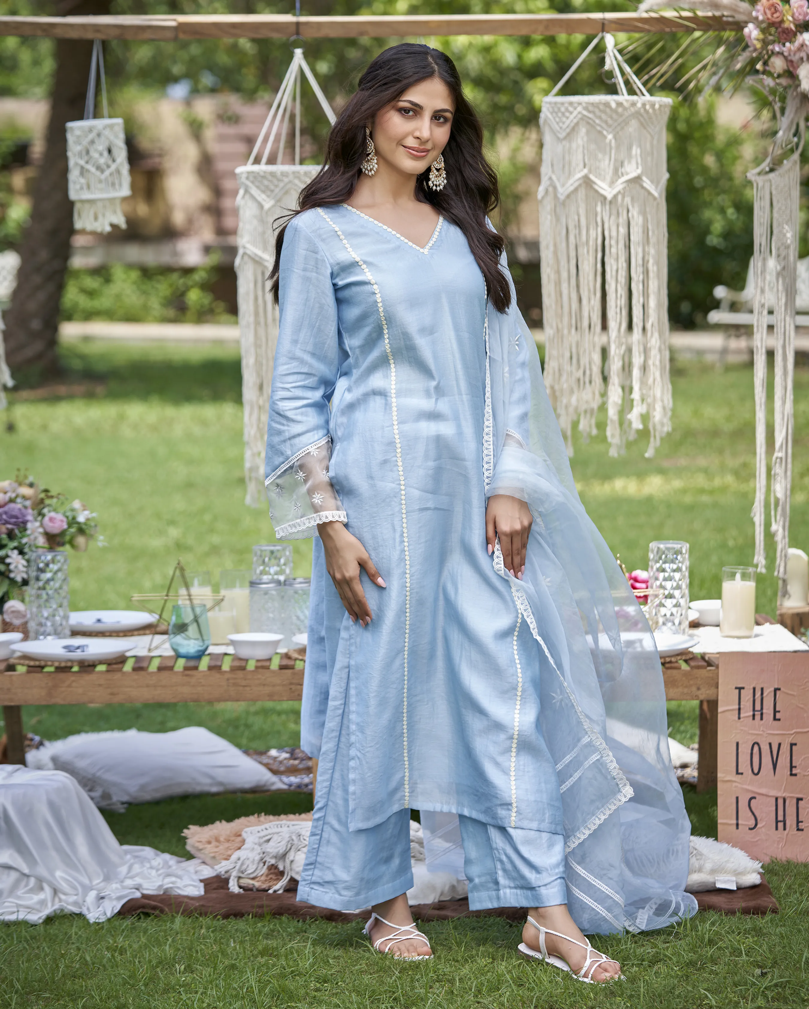 Revin Pastel Blue Embroidered Chanderi Kurta Set