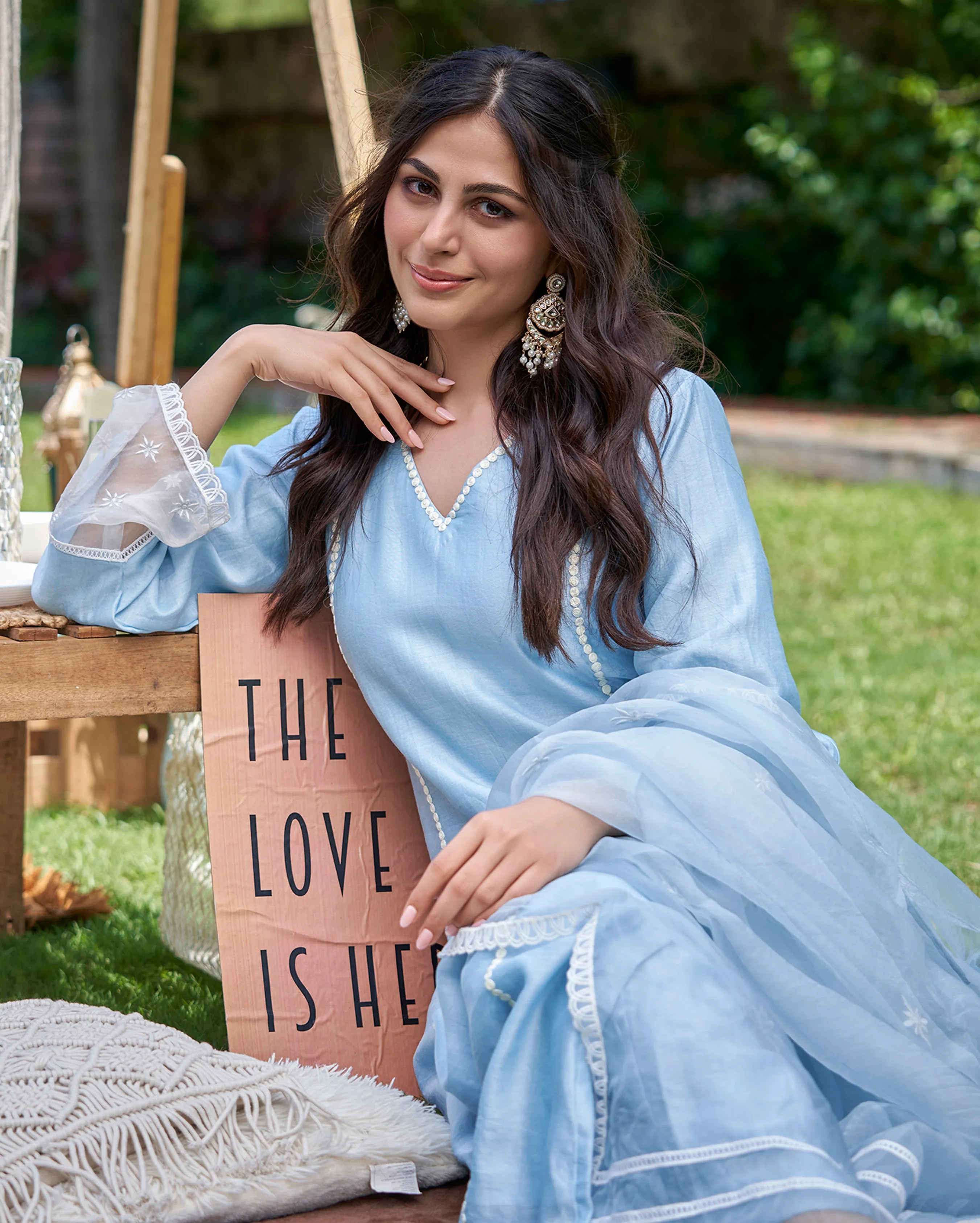 Revin Pastel Blue Embroidered Chanderi Kurta Set