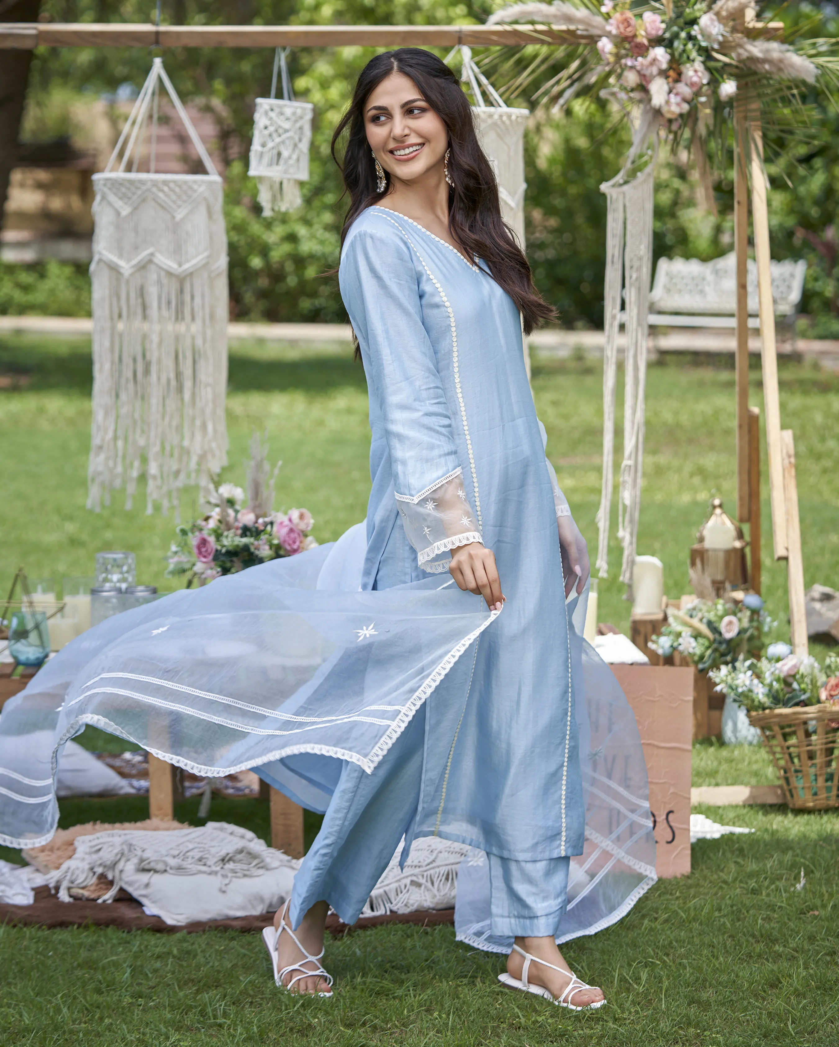 Revin Pastel Blue Embroidered Chanderi Kurta Set