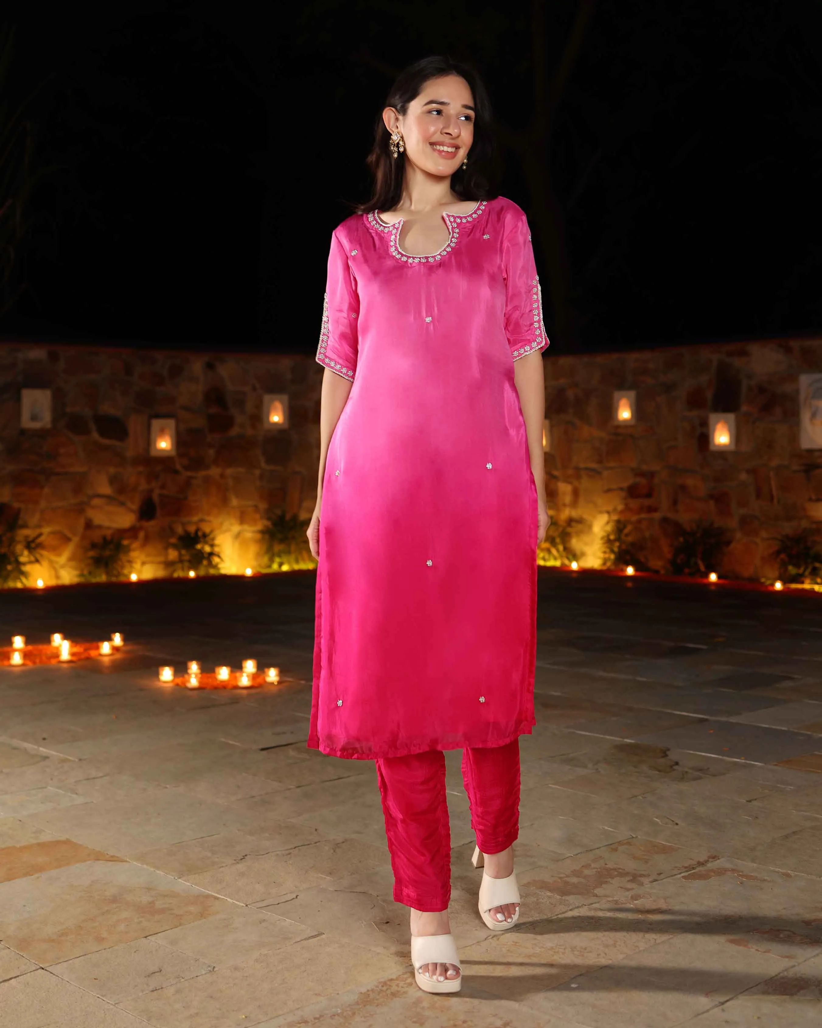 Rosewater Ombre Embroidered Silk Kurta Set