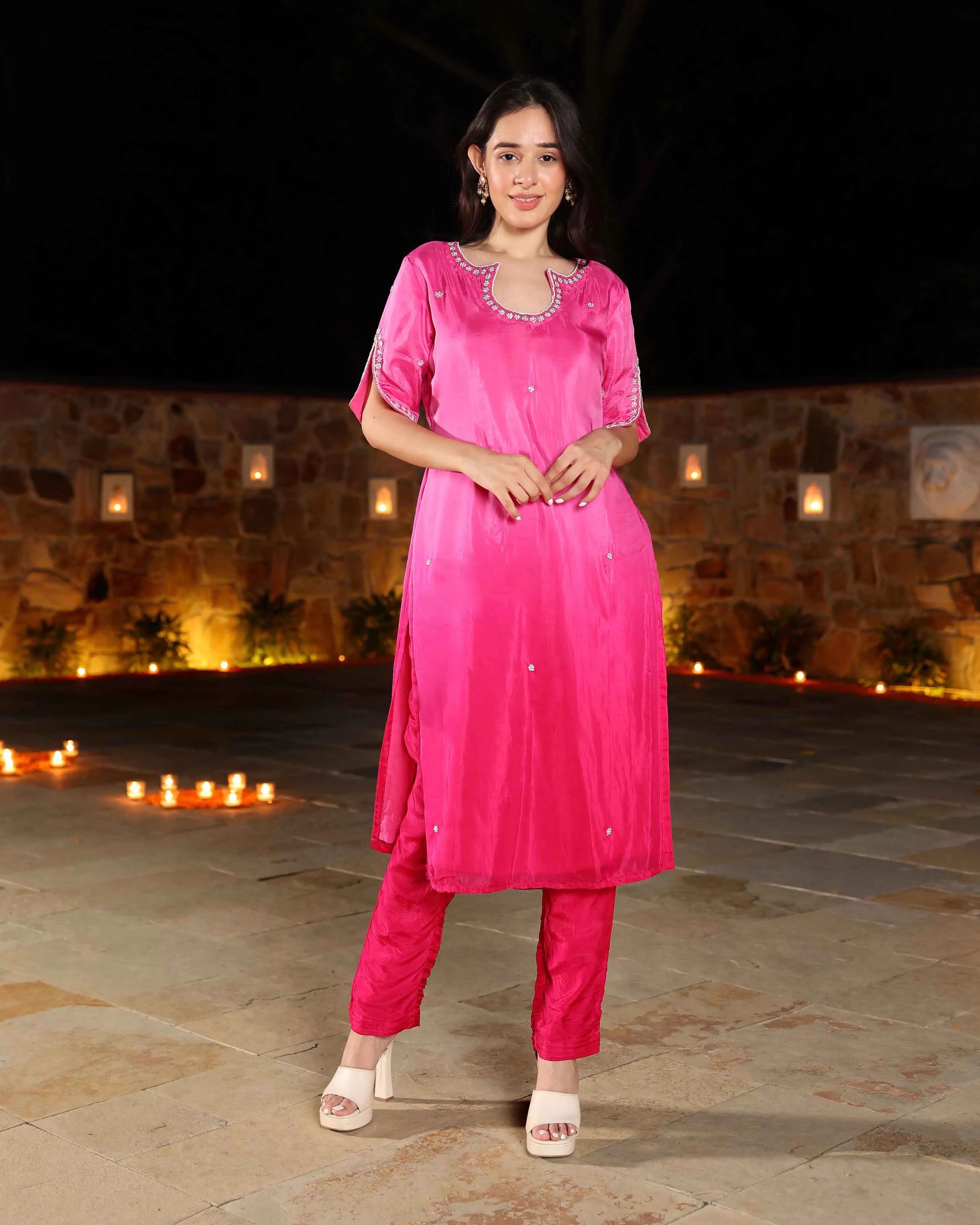 Rosewater Ombre Embroidered Silk Kurta Set