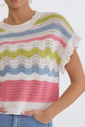 Ruffle Sleeve Colorblock Crochet Knitted Cropped Sweater