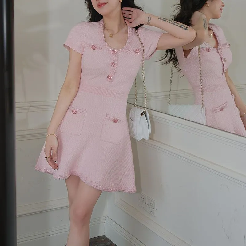 Sequin Crystal Embellished Short Sleeve Knit Mini Dress With Jewel Buttons