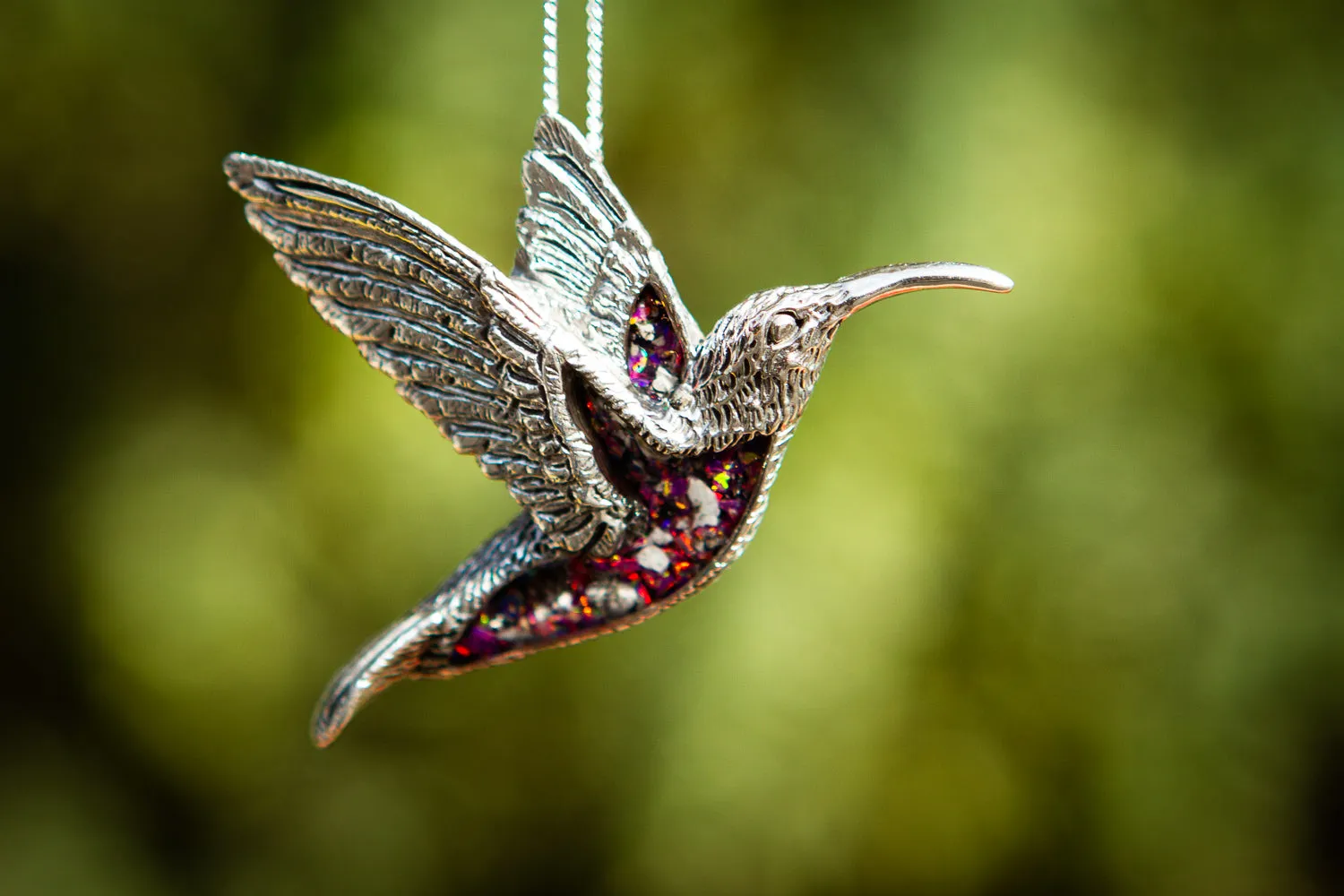 Silver Hummingbird Pendant with Crushed Opal and Cremation Ash