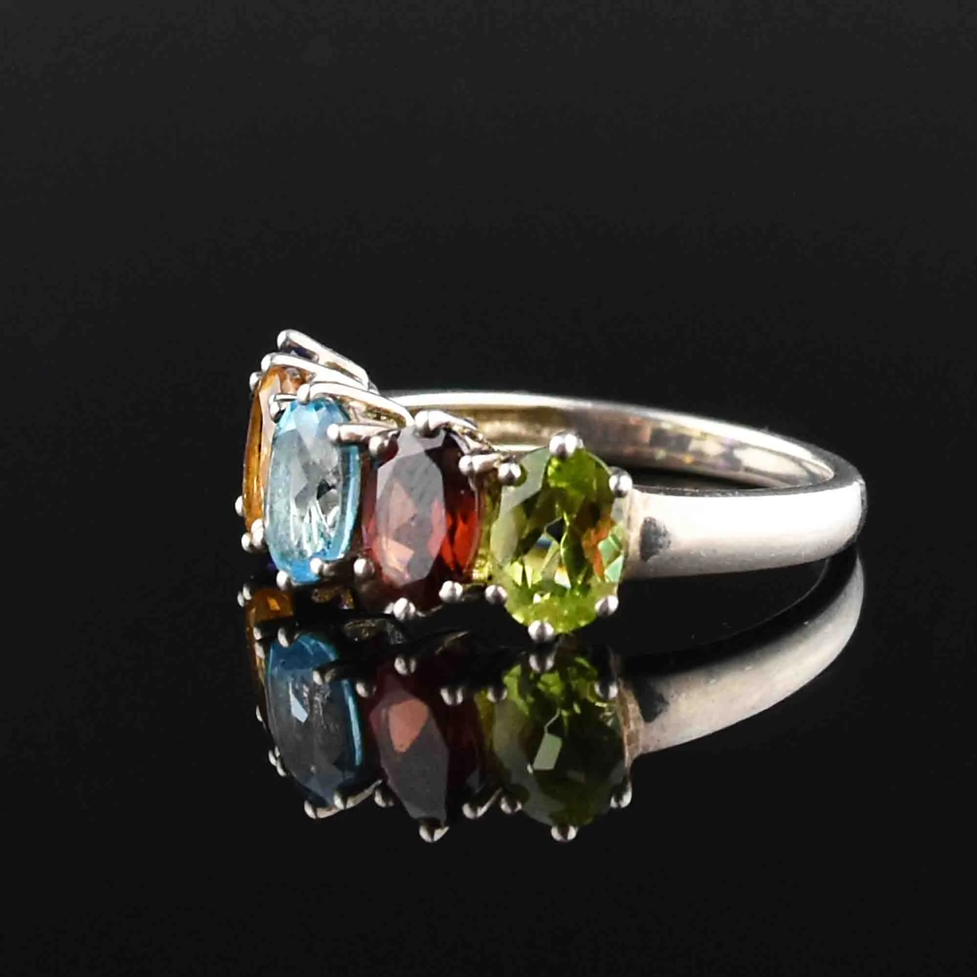 Silver Multi Gemstone Harlequin Dinner Ring, Sz 8.5