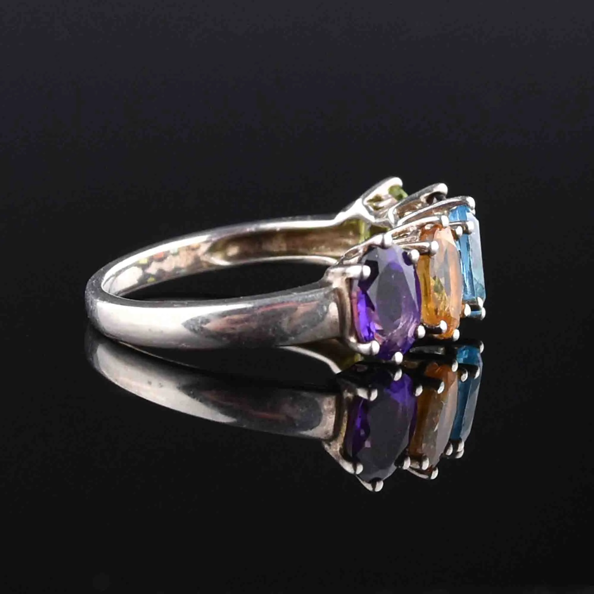 Silver Multi Gemstone Harlequin Dinner Ring, Sz 8.5