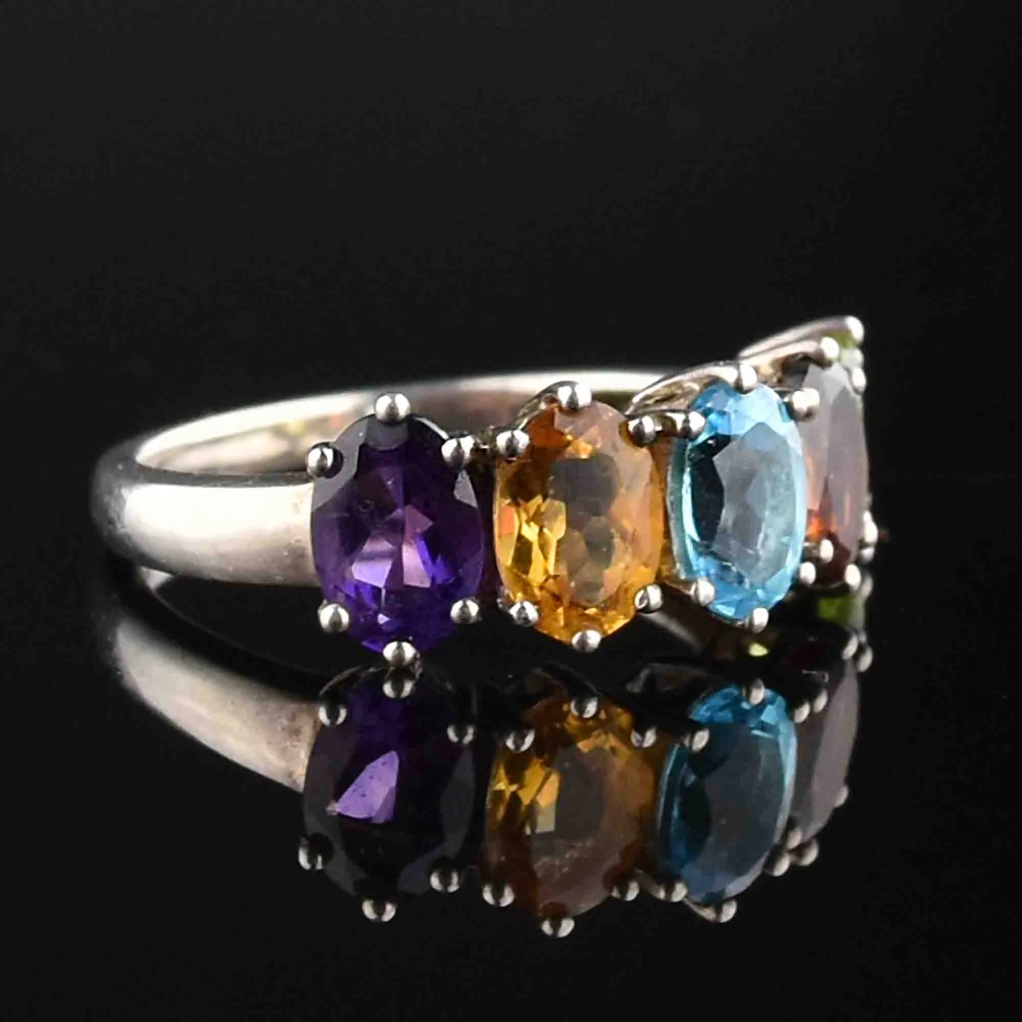 Silver Multi Gemstone Harlequin Dinner Ring, Sz 8.5