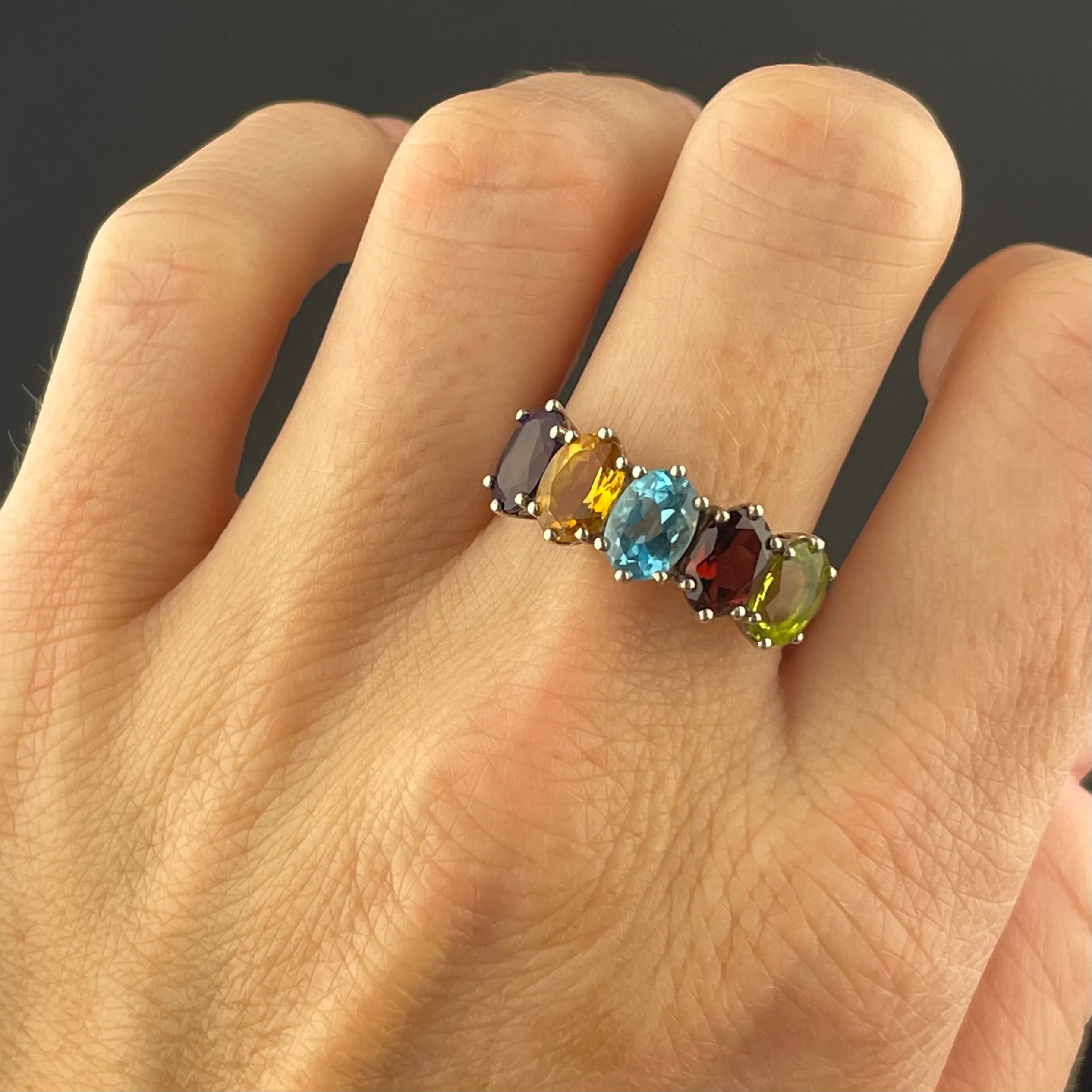 Silver Multi Gemstone Harlequin Dinner Ring, Sz 8.5