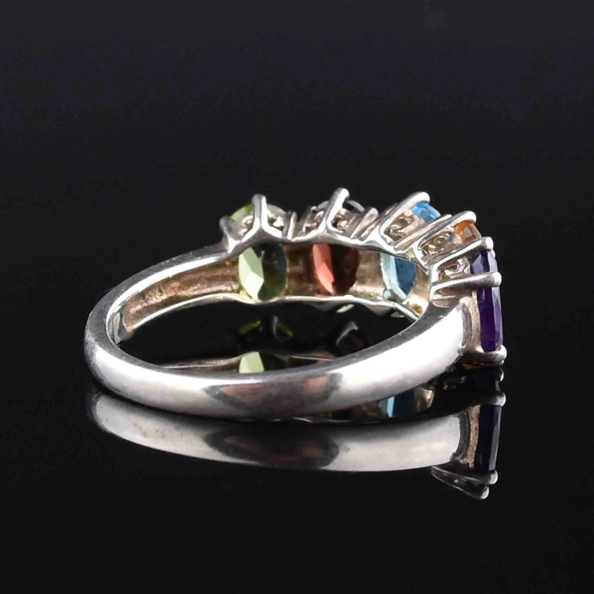 Silver Multi Gemstone Harlequin Dinner Ring, Sz 8.5