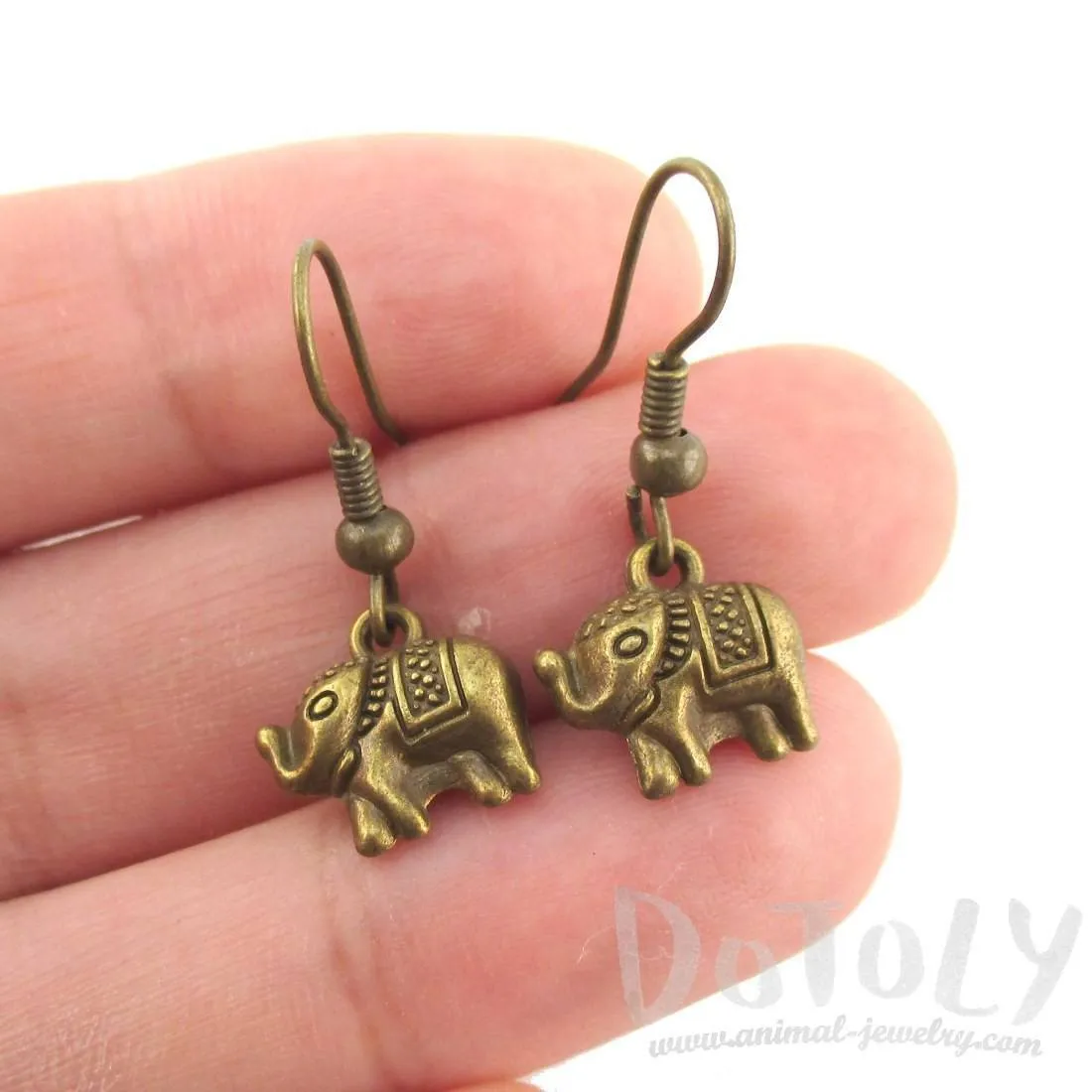 Small 3D Elephant Shaped Dangle Charm Earrings in Brass | DOTOLY