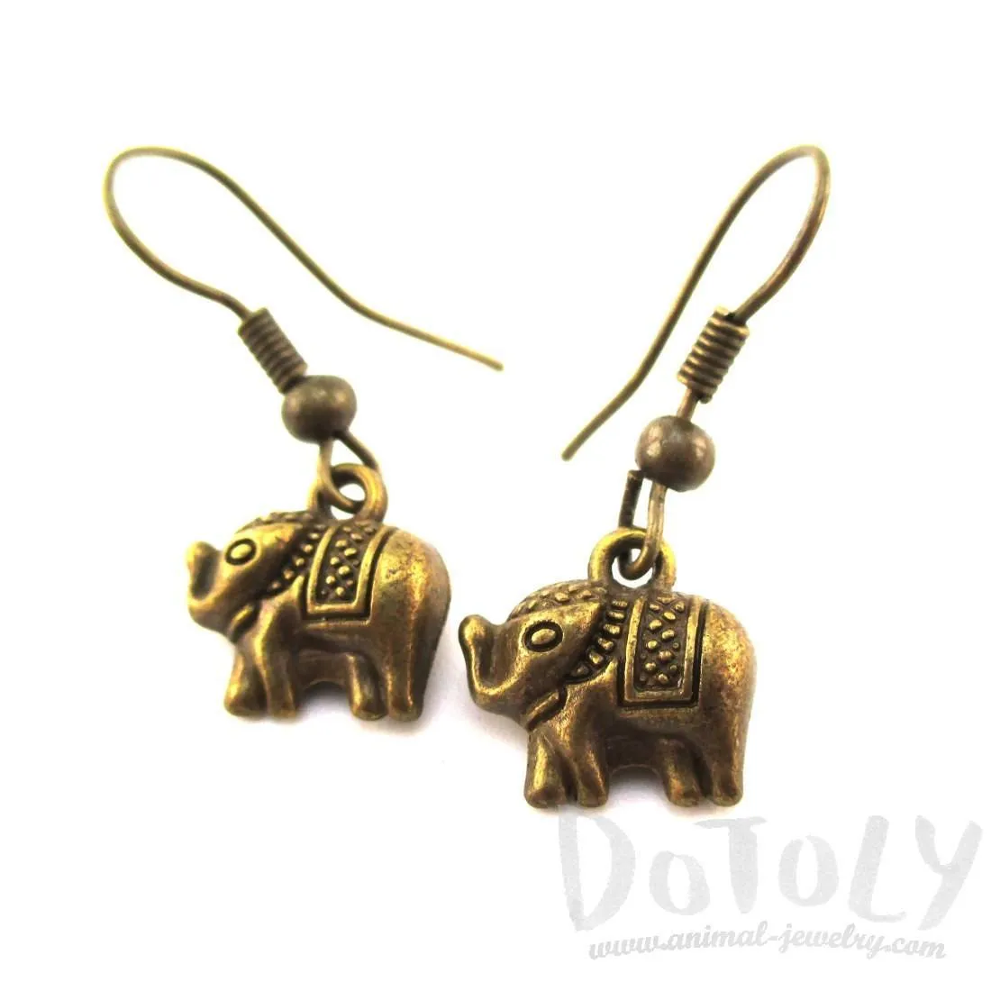 Small 3D Elephant Shaped Dangle Charm Earrings in Brass | DOTOLY