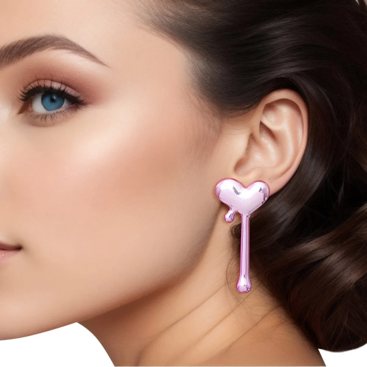 Small Dripping Heart Stud Earrings - Pink