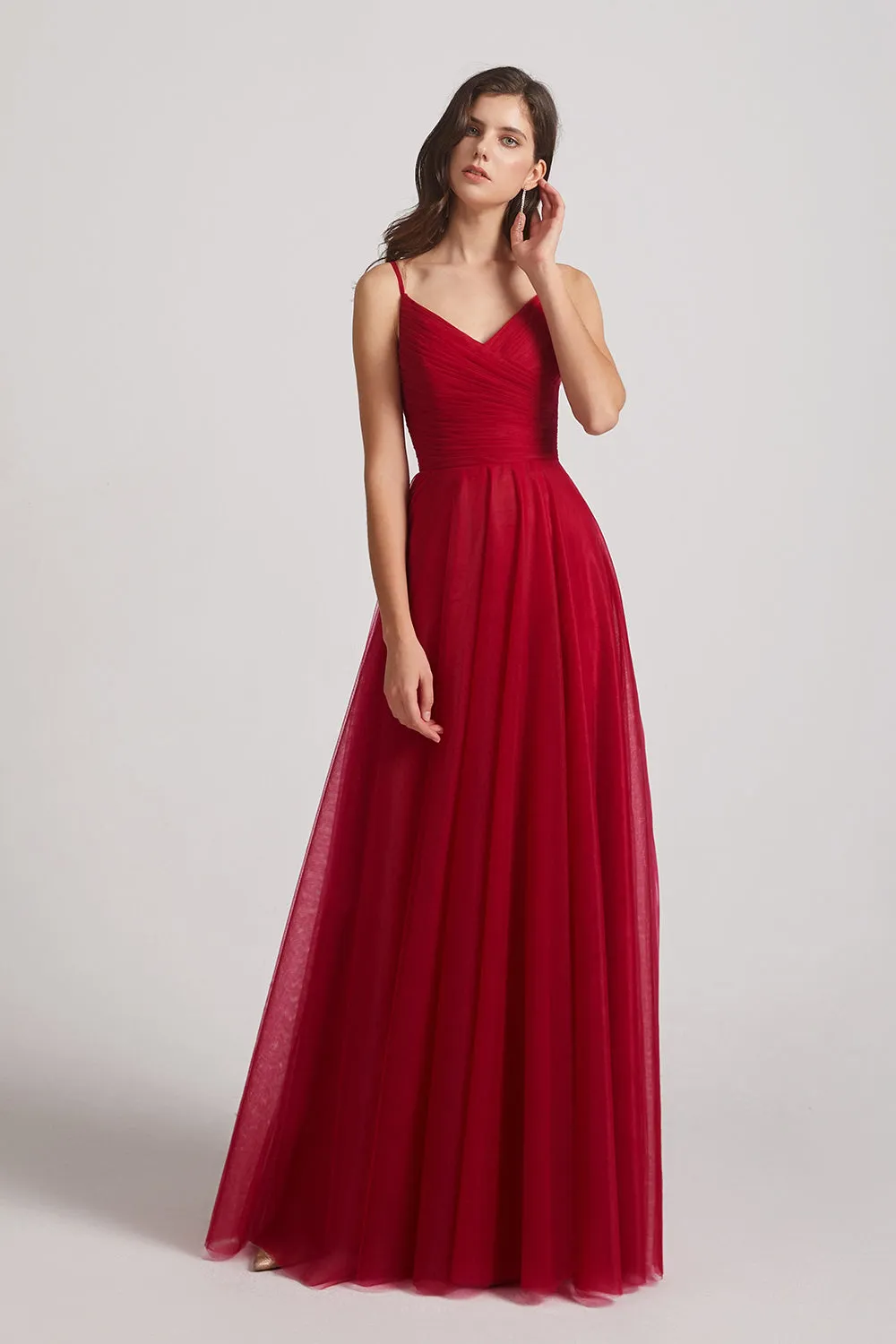 Spaghetti Straps Pleated A-Line V-Neck Tulle Prom Dresses (AF0037)